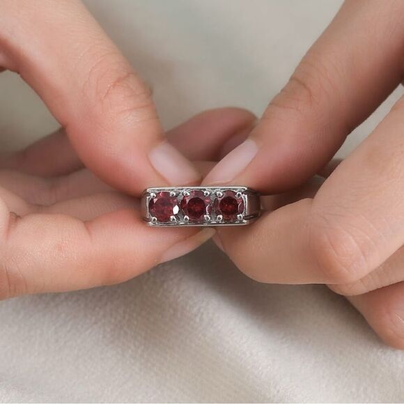 Mozambique Garnet 3.25 ctw 3 Stone Men's Ring in Stainless Steel - Picture 3 of 13